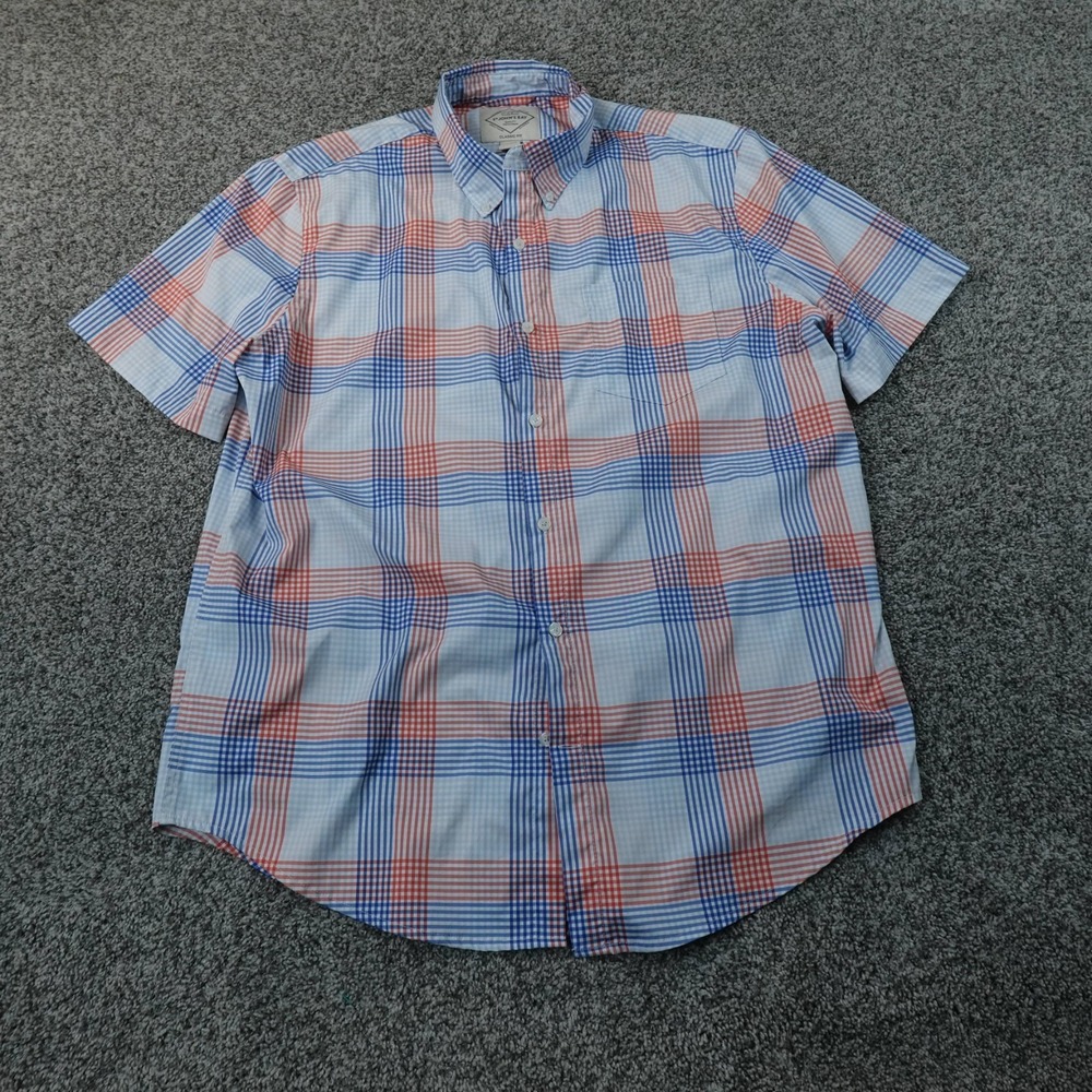 St Johns Bay Shirt Mens L Blue Red Plaid Button Up Short Sleeve Performance Top